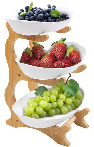 Gemsaya Obst Etagere mit 3 Etagen, Weiß Obstschalenständer 3 Stöckig Obstschale, Stabil & Ohne zu Zittern, Obstschale und Bambusständer für Küchen Gemüse Obst Snacks Desserts