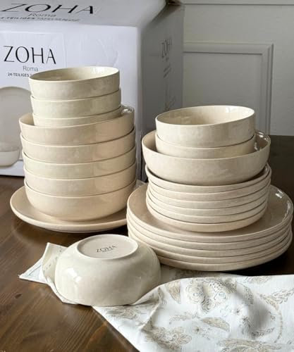 Zoha Geschirr-Set Roma 24 - teiliges Geschirrset in Beige (24 -tlg.) 6 Personen Porzellan, Spülmaschinen, Mikrowellen geeignet