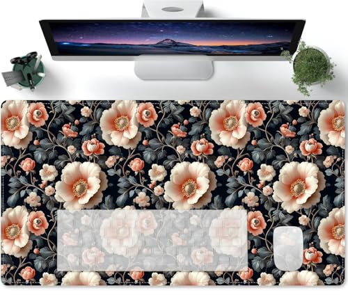 Gaming Mouse Mat Pink and White Flowers Speed Gaming, Gamer Mouse Pad, Waterproof Mouse Pad, Special Surface Improves Precision and Speed, Non-Slip Rubber Base - 600x300mm