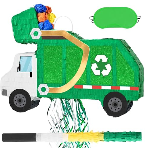 WERNNSAI Piñata de camion poubelle – Décoration d'anniversaire pour garçons et enfants - Camion poubelle avec bâton - Bandeau pour les yeux - Cordons à pompons - Décoration de fête d'anniversaire