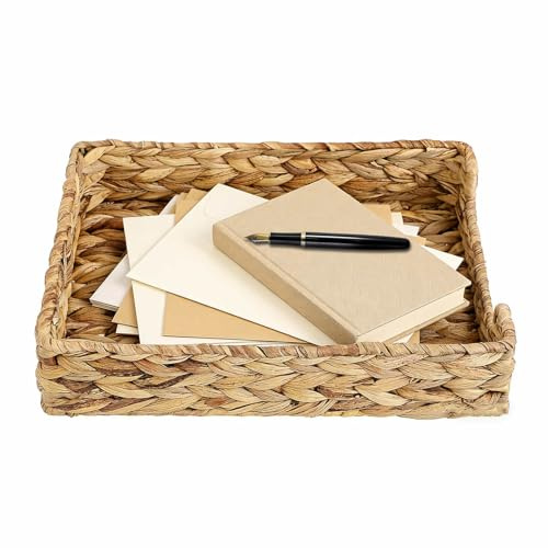Natural Water Hyacinth Desk Organiser | Woven Rectangular Letter Tray | All-in-One Paper Document Magazine Mail & File Basket | Office Home Study Workspace Seagrass Storage Box | 33x27x7cm
