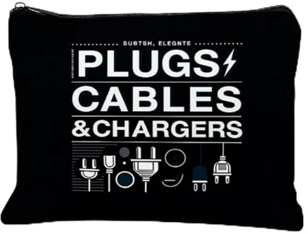 Black Travel Tech Organiser Bag for Cables, Chargers and Power Banks | Rectangular storage pouch for charging adapters, USB cords and phone chargers, for travel, work and everyday organisation