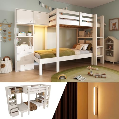 Homgoday Etagenbett 90x200 cm mit intelligentem Nachtlicht, Versetztes Design mit Schrank, Regal & Schubladen, Großzügiger Stauraum, 90x200 cm, Weiß, EN747-1:2024 Bettgestell AB405560123W
