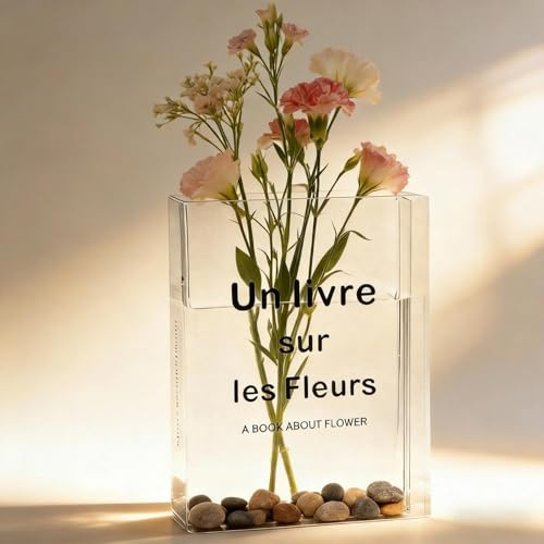 HUANR Buchvase, Klare und Transparente Textur, 19 × 14 cm Schreibtisch Deko | PET-Kunststoff, Transparent Büchervase, für Schlafzimmer, Wohnzimmer, Büro