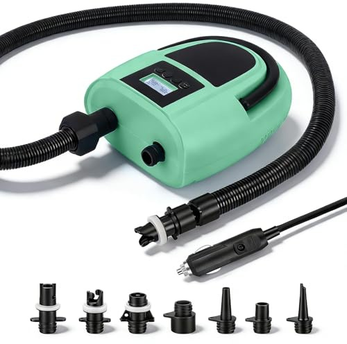 Pompa Elettrica SUP 12V, Gonfiatore a 2 Stadi 350L/min con Arresto Automatico, 7 Ugelli, 0,5-20 PSI, Portatile per Gonfiare/Sgonfiare Paddle Board, Gommoni, Materassi Aria, Piscine & Campeggio