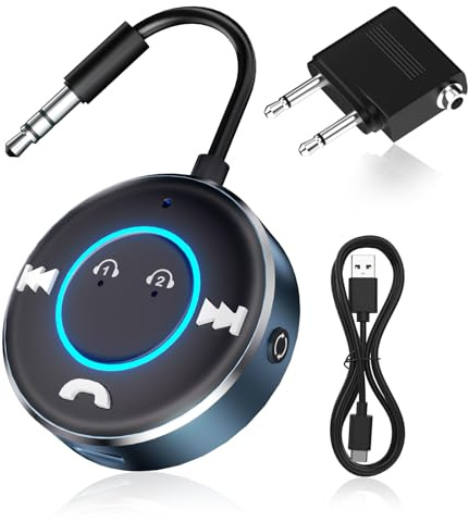 Bluetooth 5.3 Adapter Transmitter 2 in 1, Bluetooth Transmitter Empfänger mit 3,5mm Klinke, Dual Pairing Splitter für 2 Kopfhörer, für TV, Handy, Auto, Audio System & Flugzeug