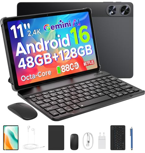 BIRDCLAW P11 Pro Tablet 11 Pollici, Gemini AI Tablet Android 16, 48GB RAM+128GB ROM/2TB TF, 8800mAh/18W, Octa-Core T7250, 90Hz, 13MP+5MP, GPS/FM/Face ID, Tablets con Tastiera e Penna, Nero