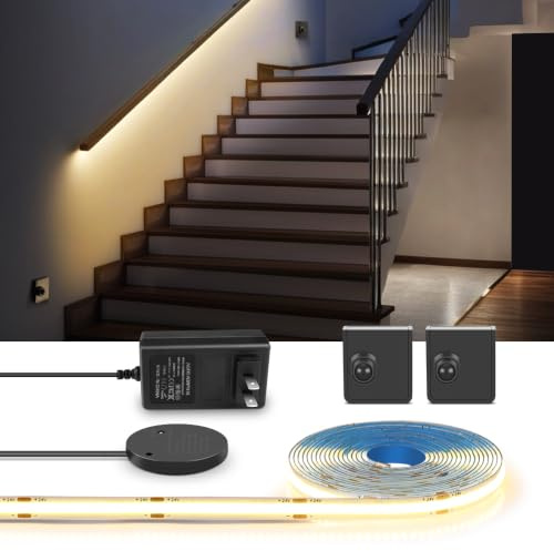 AIMENGTE COB Led Streifen, mit 2 Bewegungsmelder, 5M Warmweiß LED Strip, Hochhelliges Flexibles Bandlicht Für Schrank, Küche, Wohnzimmer, Schlafzimmer, Treppe