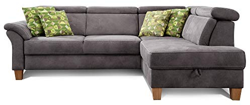 Cavadore Ecksofa Ammerland mit Ottomane rechts / Federkern-Sofa im Landhausstil mit verstellbaren Kopfstützen / 245 x 84 x 194 / Lederoptik dunkelgrau