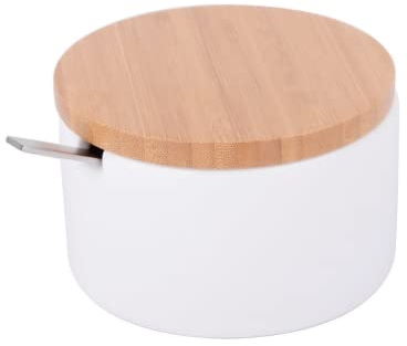 KOOK TIME Keramik Zuckerdose mit Löffel und Deckel aus Bambus -Zuckerlöffel für Haus und Küche, moderne Kugelform, für Zucker, Käse, Gewürze, 10 x 10 x 9 cm (Weiß Rund)