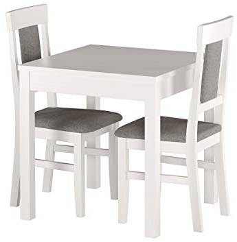 Gepolsterte kleine Essgruppe Tisch 2 Stühle Kiefer Massivholz weiß-grau 90.70-50 A W Set 25