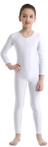 Freebily Kinder Mädchen Gymnastikanzug Turnanzug Mit Bein Langarm Basic Ganzanzug Ballettanzug Tanz Leotard Fitness Sportbody Traininganzug Weiß 140-152