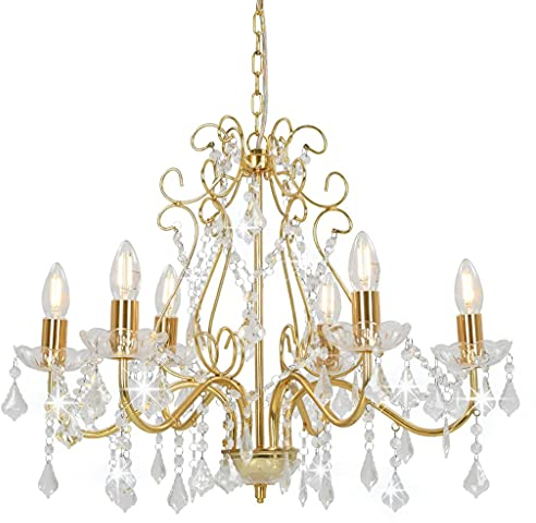 vidaXL Kronleuchter Deckenleuchte Lüster Kristall Lampe Leuchte Wohnzimmer Hängeleuchte Hängelampe Pendelleuchte Deckenlampe Golden Rund 6xE14