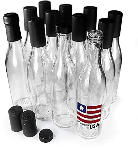 Woozy Bottles Empty 12.7 Oz Complete Sets of Premium Commercial Grade Clear Glass Dasher Woozy Bottle Shrink Capsule with Gold Tear Tab Leak Proof Screw Cap (Black 12 Sets) - 12 oz