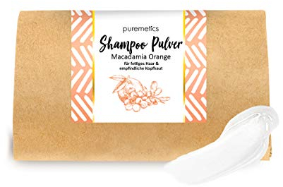 puremetics Zero Waste Shampoo Pulver Macadamia Orange (50g = 200ml) für fettiges Haar und empfindliche Kopfhaut | vegan & plastikfrei