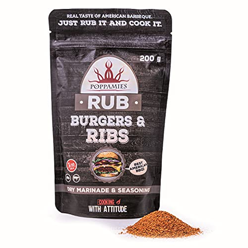 Poppamies Burger's & Ribs BBQ Rub - Assaisonnement BBQ 100% Naturel - Marinade Sèche et Assaisonnement Parfait pour le Bœuf et le Porc - Idéal au Grill - Meilleur Barbecue Américain -Grand Pack (200g)