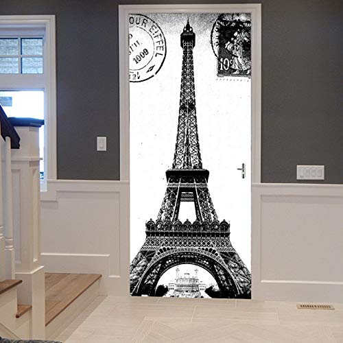 A.Monamour Türtapete Selbstklebend Türfolie Türposter 3D Vintage Französische Stadt Paris Eiffelturm Schwarz Und Weiß Vinyl Folie Türdeko Tapete Wandbild Türaufkleber Türtattoo 77 x 200 cm