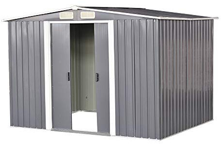 Panana 8 x 10ft Tool Storage House Metal Garden Apex Roof Storage Shed Door at 8FT side (Grey)