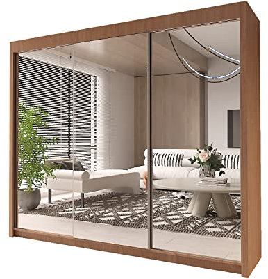INTERWOOD Modern Full Mirror 2 & 3 Sliding Doors Wardrobe With Adjustable Shelves, Hanging Rails, Bedroom Furniture (Oak 250cm)