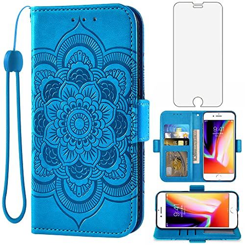 Handyhülle für iPhone 7/8/SE 2020 2022 Hülle mit Glas Folie Schutzfolie Kartenfach Klappbar Leder Geldbörse Ständer i SE2020 SE2022 2/2nd 3/3rd Generation 7s 8s 6SE SE2 SE3 Handy Cover Phone Case Blau