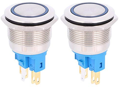 Interruptor de botón pulsador, 2 piezas de acero inoxidable DC12-24V IP65 22 mm Botón de reinicio de anillo Accesorios de interruptor de botón pulsador de 6 pines(Azul)