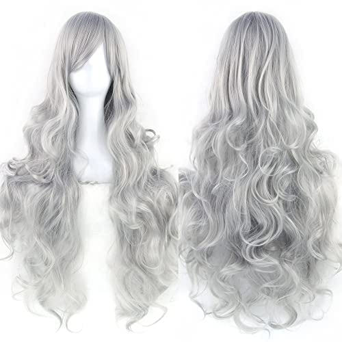 IMISSU 80cm langes lockiges Naturhaar Cosplay Perücke mit Pony Buntes Halloween Kostüm Party Perücken für Frauen (Grau)