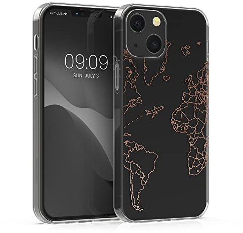kwmobile Hülle kompatibel mit Apple iPhone 13 - Handyhülle Silikon Case - Travel Flugzeug Rosegold Transparent