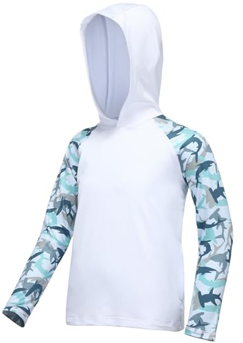 DRONIRING Camisa de pesca para niños UPF 50+ con bolsillo/sin bolsillo, protección solar SPF UV, camiseta de natación de manga larga, Bolsillos de color blanco perla, Small
