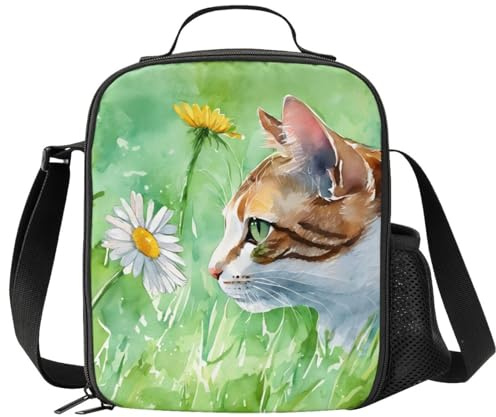 VunKo Cat Spring Flowers Kids Insulated Lunch Bag Small Cute Thermal Tote Bag Built Back to School Lunch Bags with Water Bottle Holder Shoulder Strap for Teens Girls Boys