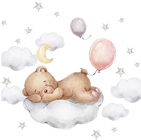 Little Deco Wandsticker Teddybär auf der Wolke Wandtattoo für Babyzimmer Bär Sterne Mond Kinderzimmer Wandaufkleber DL832-2