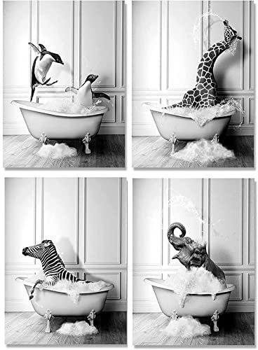 Animal Black White Wall Art Prints, Elephant Zebra Penguins Giraffe in the Bathtub Canvas Pictures, Nordic Bathroom Home Decor, No Frame (30 x 40 cm x 4)