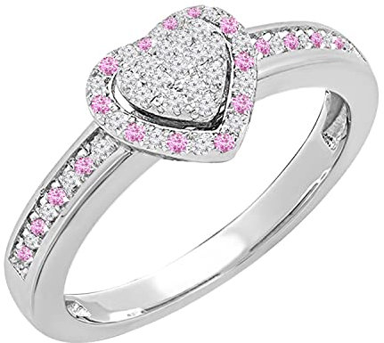 Dazzlingrock Collection Verlobungsring für Damen, runder rosa Saphir & weißer Diamant, Doppelherz, Halo, 925er Sterlingsilber, Größe 5,5, Runder rosa Saphir Runder weißer Diamant, Rund, rosa Saphir