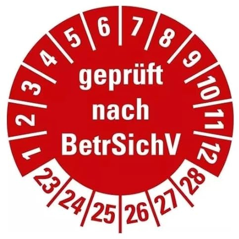 100 Stück – Mehrjahresprüfplakette „geprüft nach BetrSichV | 23-28“ Etikett Folie Aufkleber, rot | Ø15-40mm Made in Germany, Größe: Ø30 mm