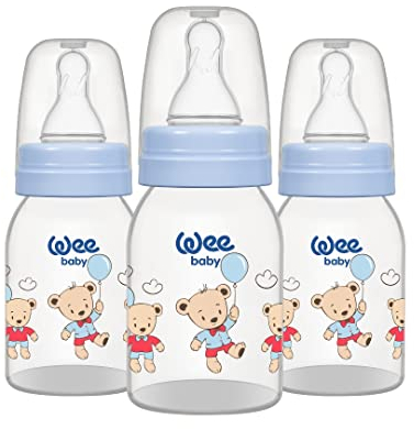 Wee Baby 3-Pack Plastic Feeding Bottles | BPA Free With Rounded Teat to Mimic Breastfeeding | White, Pink & Blue Made With Safe Silicone | 125 & 250 ml for Baby & Toddler