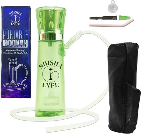 SHISHA LYFE Juego de mini cachimba portátil, transparente (verde), shisha para coche y conexiones con luces LED, tubo de manguera de silicona, antiquemaduras, soporte de carbono, pinzas, popote