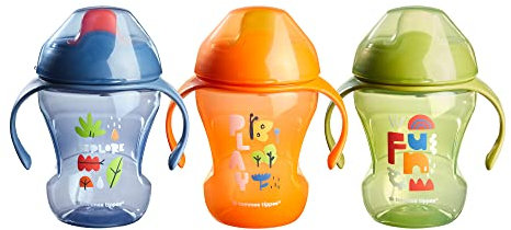 Tommee Tippee Sippee Trainer Cup with Handles, Water Bottle for Toddlers, Spill-Proof, BPA Free, 8oz, 7m+, Pack of 3, Blue, Orange and Green