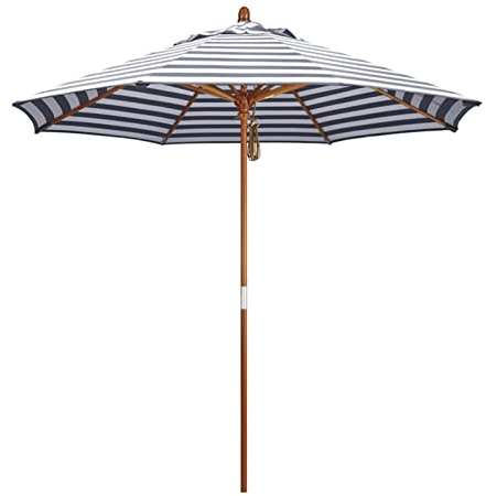GHARAZ 2.7m/9ft Hölzerner Sonnenschirm, Blau-weiß Gestreifter Gartenschirm,Marktschirm mit Riemenscheibe,für Schwimmbad, Terrasse, Cafe