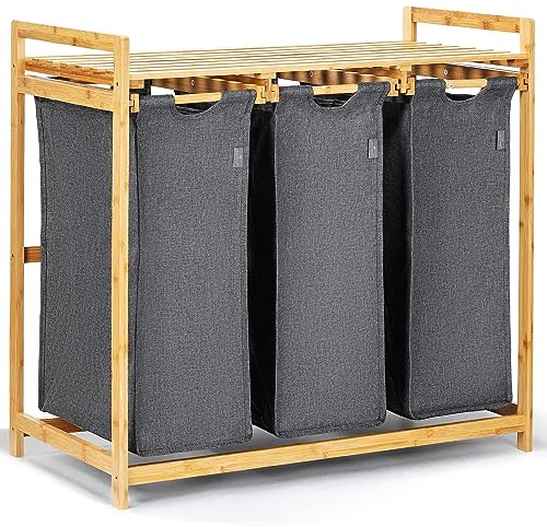 AdelDream Panier à linge bambou 150L 3 sacs de rangement coulissants peut être placé dans la buanderie la salle de bain la chambre etc gris