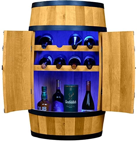 CREATIVE COOPER Weinregal Holz mit Tür mit LED RGB - Weinliegen - Alkoholschrank Flaschenregal - Holzfass - Fassmöbel - Weinfass - Weinbar - Fass bar mit Tür - 80 cm Eiche