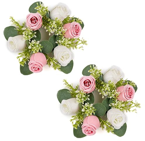 NUPTIO Artificial Flowers Wreath for Decoration - 2 Pcs 22cm Diameter Small Pink & White Fake Roses Wedding Centrepieces for Tables Spring Summer Wreaths for Front Door Weddings Party Ceremony