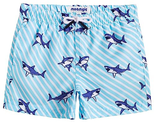 MaaMgic Kleine Jungen Badeshorts Schnelltrocknend Boardshorts mit Mesh-Futter Taschen und Verstellbarem Tunnelzug MEHRWEG,Hai blau weiß Gestreift,5-6 Jahre alt