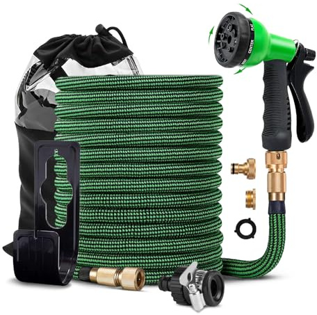 TIBBERS Manguera Extensible para Jardín (Hasta 30m) con Pistola de Riego de 8 Modos y Adaptadores de 20 mm y 25 mm (1/2'' y 3/4''), Conector para Grifos Domésticos, Manguera de 3x Extensible, MAN016