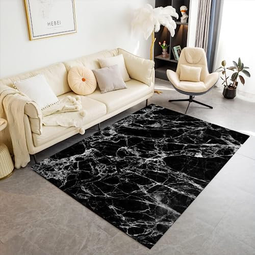 Tepich Moderne Wohnzimmer Marmor Schlafzimmer Teppich Marmor Optik Schwarz Weiß Flur Outdoor Teppich rutschfest Waschbarer Bettvorleger Moderne Küche Carpet 140x200 cm