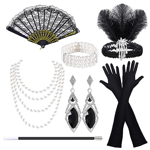 HCSSZ 20er Jahre Kostüm Accessoires Damen,1920er Flapper Great Gatsby Accessoires Set mit Stirnband, Armband, Spitzenfächer, Handschuhen, Halskette,Ohrringe für Karneval Halloween