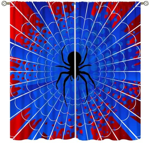 Superhelden-Spinnennetz-Vorhänge, blau-rot, Fensterbehandlungen für Kinder, Jungen, Schlafzimmer, Büro, Arbeitszimmer, Halloween, Spinnendruck, Polyester-Stoff, Fenstervorhänge, 2-teiliges Set,