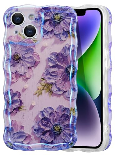 EYZUTAK für iPhone 15 Hülle, Bunte Vintage Ölgemälde Blumen, Violett | Glitzer Flower Muster Handyhülle, Niedliche Lockiges Wellenförmiger Rand, Langlebige TPU Schutzhülle, Für Mädchen Frauen