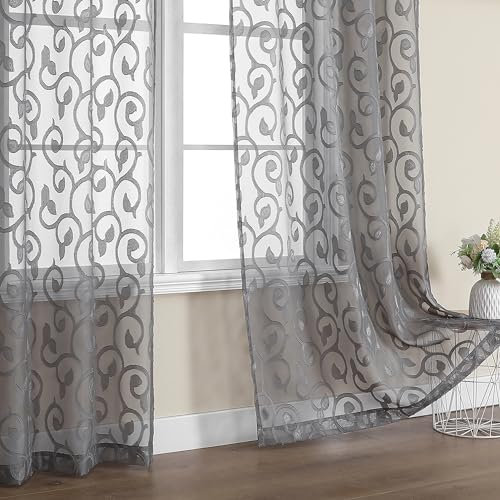 OWENIE Furman Grey Sheer Curtains 72 inches Long 2 Panels Set, Light Filtering Top Rod Pocket Semi Sheer Curtains for Door Panels, Geometric Jacquard Clip Design for Bedroom Living Room, 40Wx72L inch