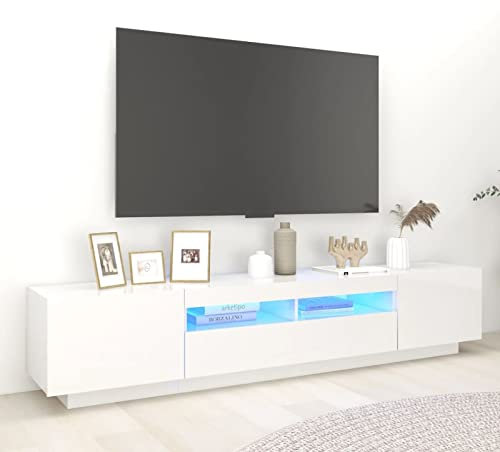 Gecheer TV Unit Cabinet Sideboard Modern TV Stand with LED Light Living Room Storage Furniture High Gloss White 200x35x40 cm