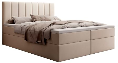 mybed. Allen Boxspringbett Modernes Polsterbett mit Kopfteil und Bettkasten 180x200 7-Zonen Taschenmatratze H3 und Topper Beige Dream Velvet Schlafzimmer