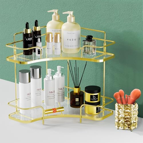 XFNMNP 2-Items Makeup Organizer Countertop with Brush Holder, 90°Bathroom Countertop Organizer for Vanity, Bathroom Counter Organizer Corner 2-tier, Skincare & Perfume Organizer for Dresser